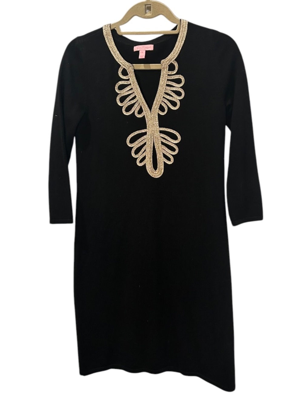 Lilly Pulitzer black sweater knit gold embroidered tunic dress S